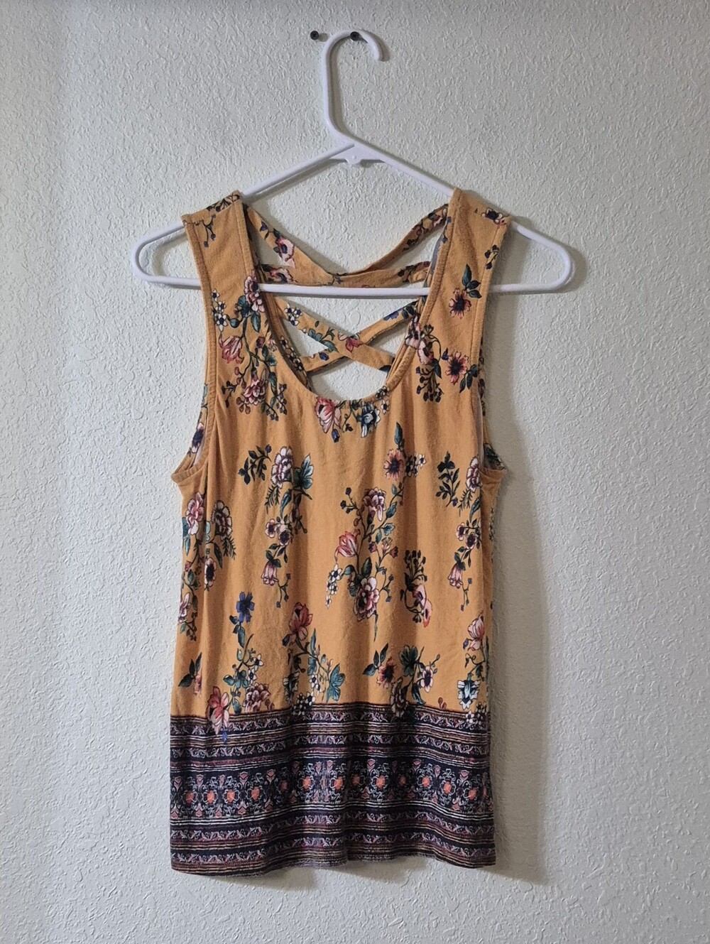 Loveappella Mustard Floral Crisscross-Back Tank
